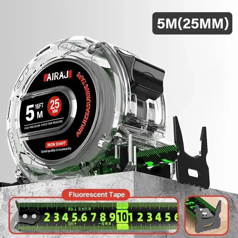 Ultra-Precise Fluorescent Tape Measure - 3/5/7M, Zero-Error Hook, Carbon Steel Blade & Double-Sided Scale for Day & Night Measuring