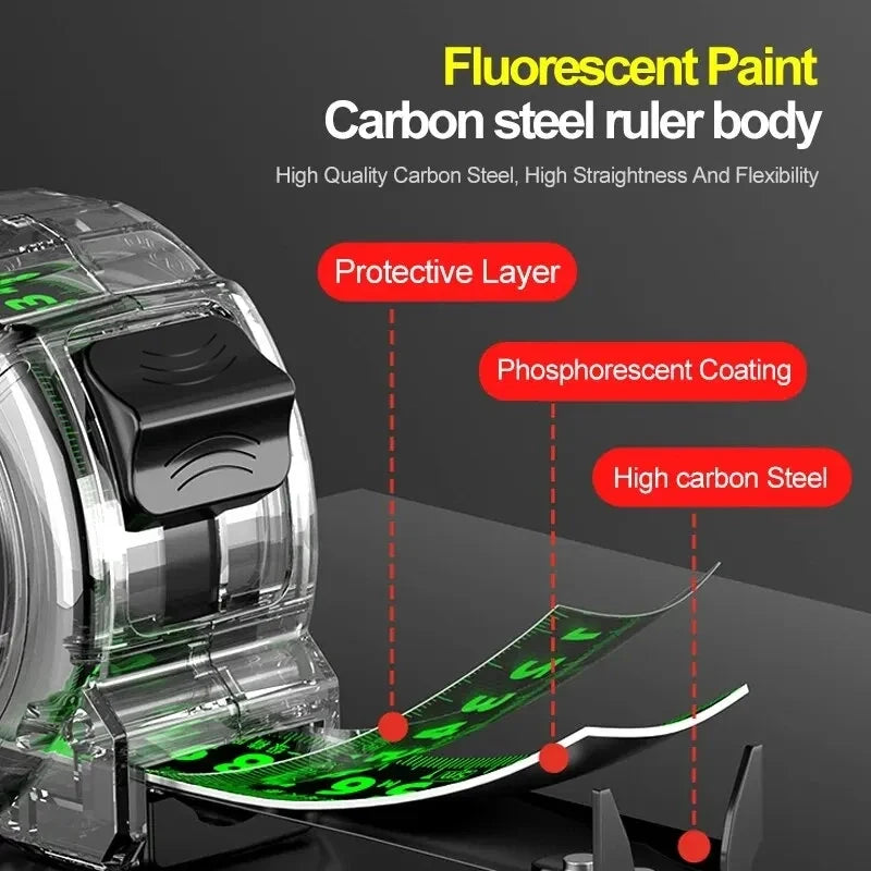 Ultra-Precise Fluorescent Tape Measure - 3/5/7M, Zero-Error Hook, Carbon Steel Blade & Double-Sided Scale for Day & Night Measuring