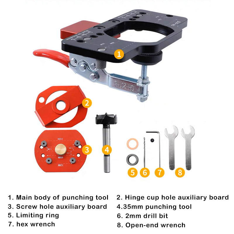 35mm / 1.4-inch Hinge Hole Positioner & Puncher Hinge Jig with 4 Adjustable Hole Margins, Edge Lock Design, and for Various Panel Thicknesses