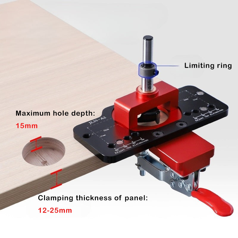 35mm / 1.4-inch Hinge Hole Positioner & Puncher Hinge Jig with 4 Adjustable Hole Margins, Edge Lock Design, and for Various Panel Thicknesses