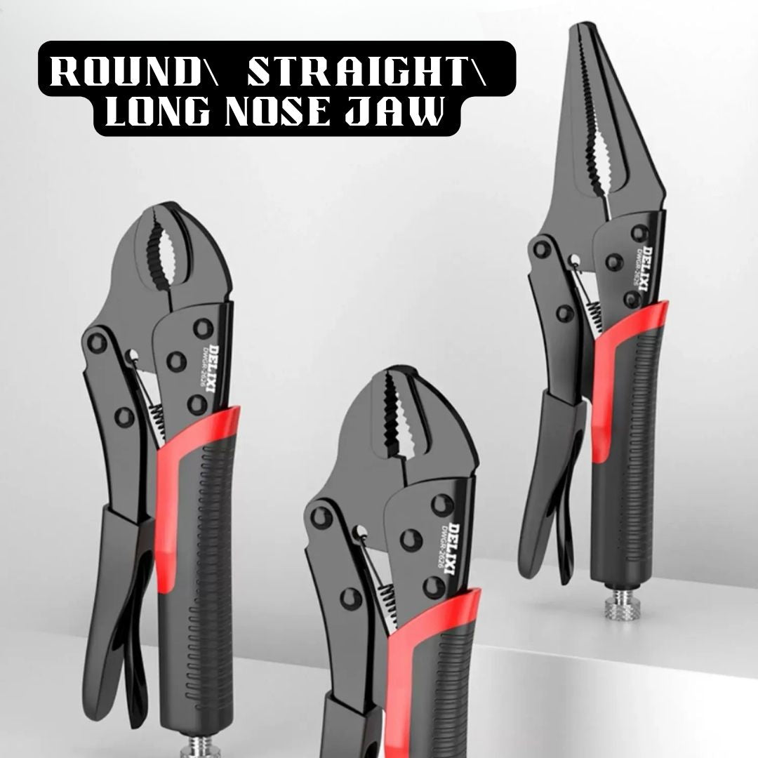 Durable and High-Torque Steel Locking Plier in Round Jaw / Straight Jaw / long Nose Jaw for Clamping, Unscrewing bolts, Pipe Maintenance, and Securing