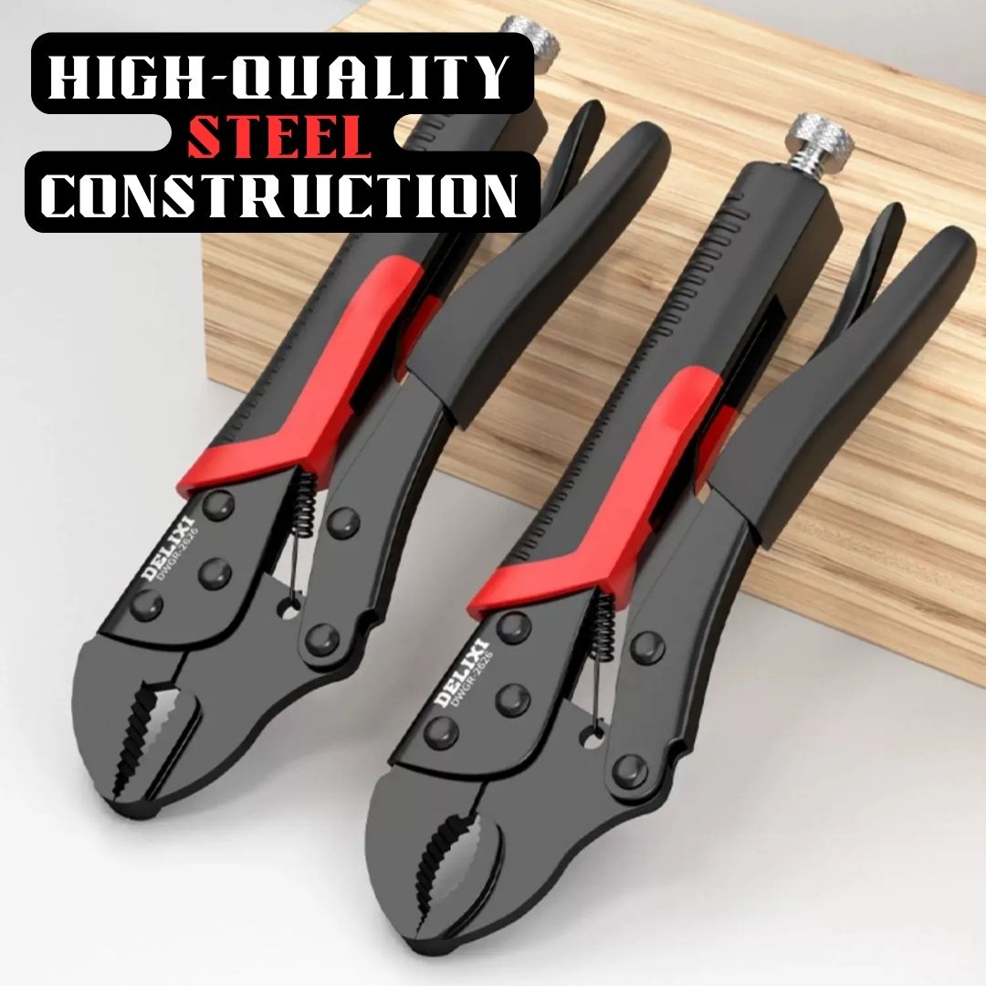 Durable and High-Torque Steel Locking Plier in Round Jaw / Straight Jaw / long Nose Jaw for Clamping, Unscrewing bolts, Pipe Maintenance, and Securing